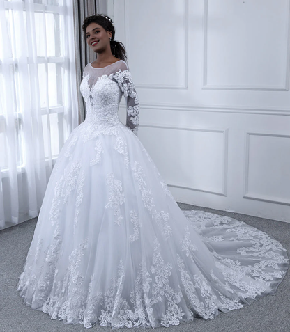 Pearl embellishment decal transparent collar long sleeved chiffon dance dress wedding dress