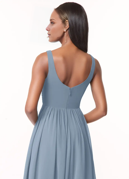 A-line V-neck pleated chiffon and floor length bridesmaid dress - Jimiss Dress