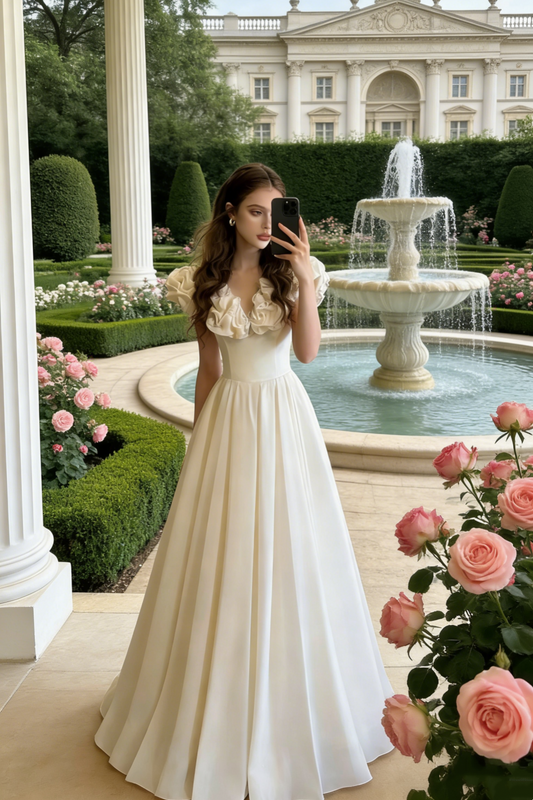 Ivory Ruffle Puff Sleeve Ball Gown - Elegant Gown for Light Evening Events gh6961