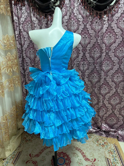 Blue Floral Ruffle Short Tulle Homecoming Dress Prom Gown gh4641