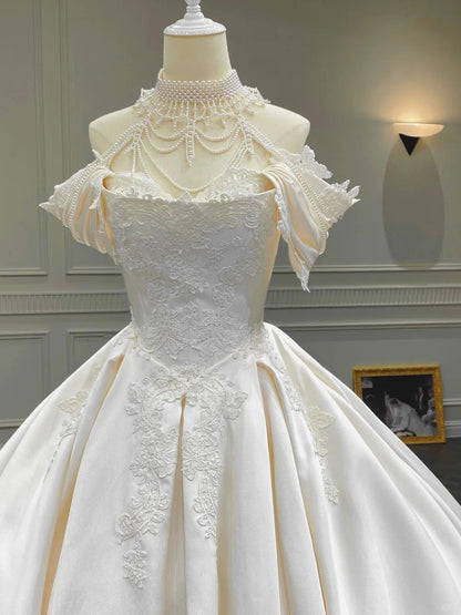 Girlhomeshops--✨White vintage exquisite beaded tube top satin lace wedding dress, court beauty, elegance and sexiness gh5441