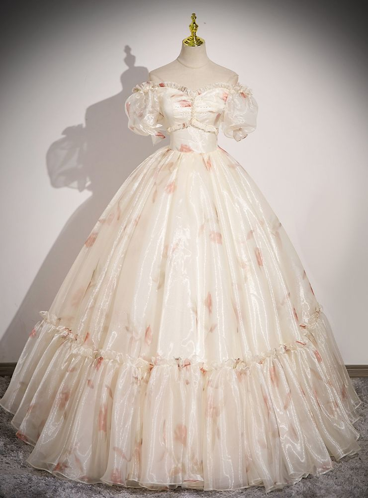 Cute Off The Shoulder Tulle Print Floral A Line Ball Gown Long Prom Dress cc2814