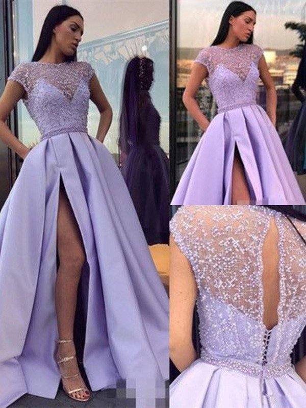 A-Line/Princess Satin Beading Scoop Short Sleeves Sweep/Brush Train Dresses - RongMoon