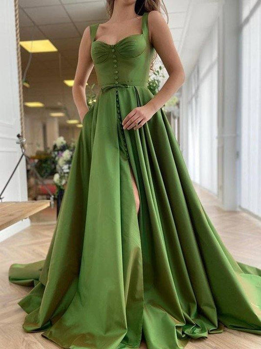 A-Line/Princess Sweep/Brush Train Straps Sleeveless Satin Ruffles Dresses - RongMoon