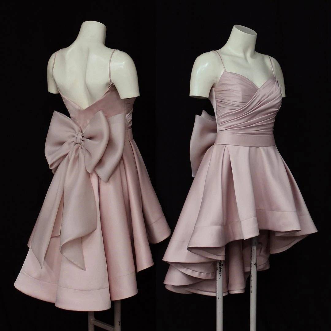 High Low Style Sweetheart Bow Back Satin Prom Homecoming Dresses - RongMoon