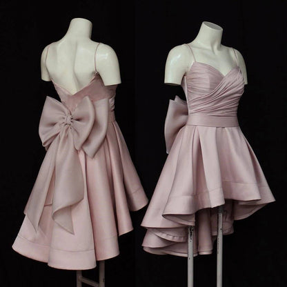 High Low Style Sweetheart Bow Back Satin Prom Homecoming Dresses - RongMoon