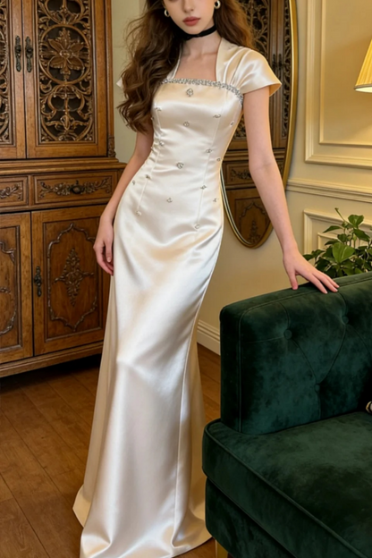 Pink Beaded Vintage Long Satin Birthday Dress, Party Dress, Short-Sleeved Prom Dress, Evening Dress gh7080