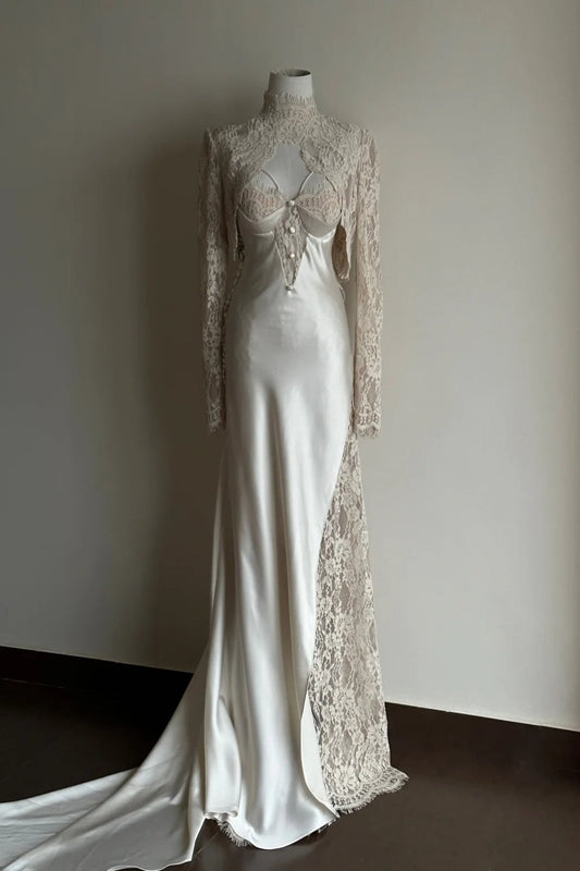 White satin exquisite lace long wedding dress with long tail formal dress gh6807