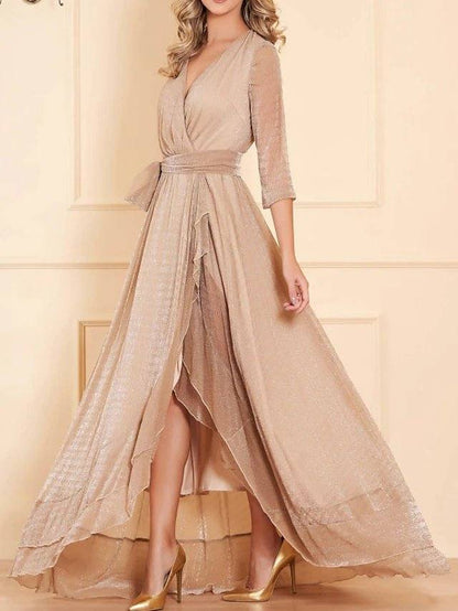 Sheath / Column Sparkle Elegant Engagement Formal Evening Dress V Neck 3/4 Length Sleeve Asymmetrical Satin with Sash / Ribbon - RongMoon
