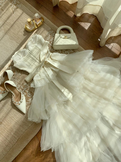 Viral Trend! Cream Satin Tie-Waist Dress Date Night Fairy Gown gh7002
