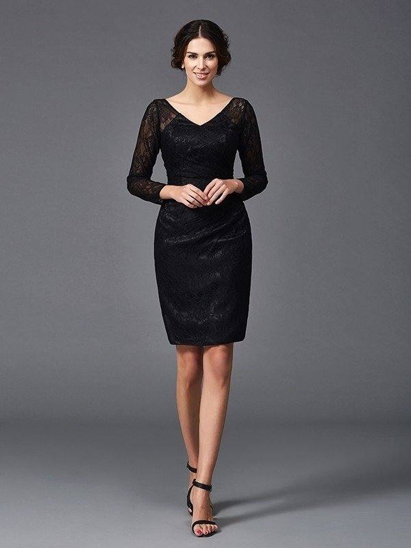 Sheath/Column V-neck Lace Long Sleeves Short Elastic Woven Satin Mother of the Bride Dresses - RongMoon