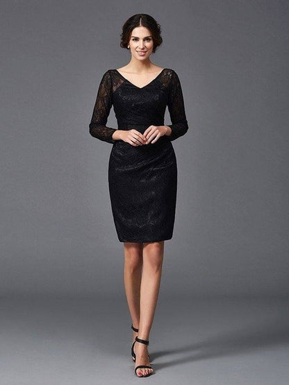 Sheath/Column V-neck Lace Long Sleeves Short Elastic Woven Satin Mother of the Bride Dresses - RongMoon