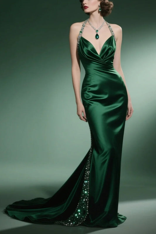 Green long satin formal dress gh6772