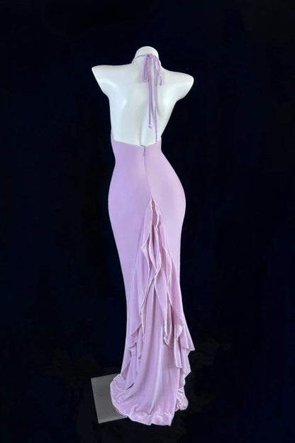 Lilac Satin Halter Backless Maxi Evening Dress - Custom Color/Size Plus Size Formal Gown gh6742