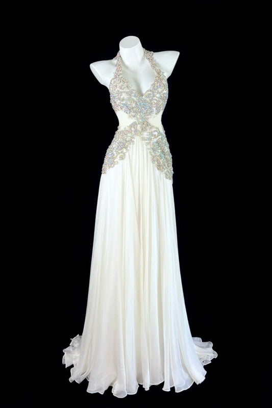 White exquisite pearl embellishment long chiffon evening gown gh6756