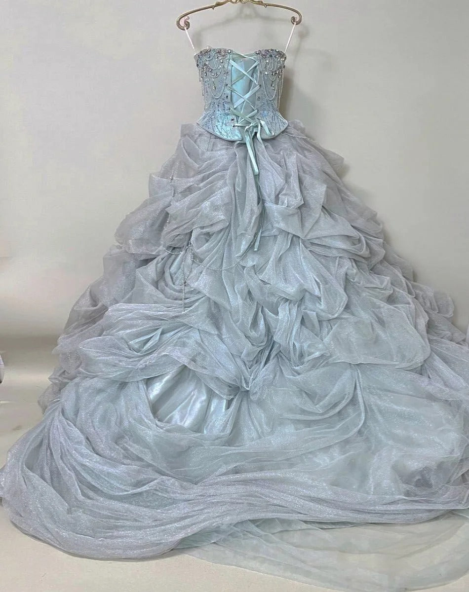 Girlhomeshops-Ice blue gorgeous silver beading fashionable and elegant long layered princess tulle ball gown gh5326