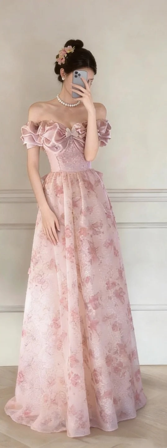 Pink floral long chiffon Prom dress gh6908