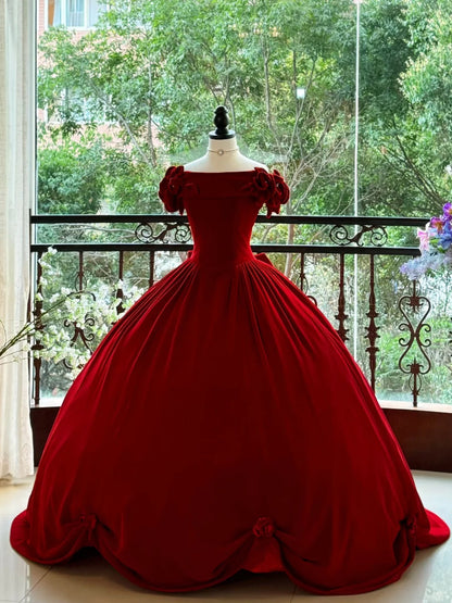 Girlhomeshops-Burgundy Elegant Retro Long Velvet Quinceanera Dresses Prom Dress Graduation Dress Princess gh5005