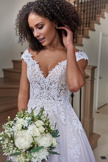 A-line off shoulder V-neck sheer and floor length wedding dress