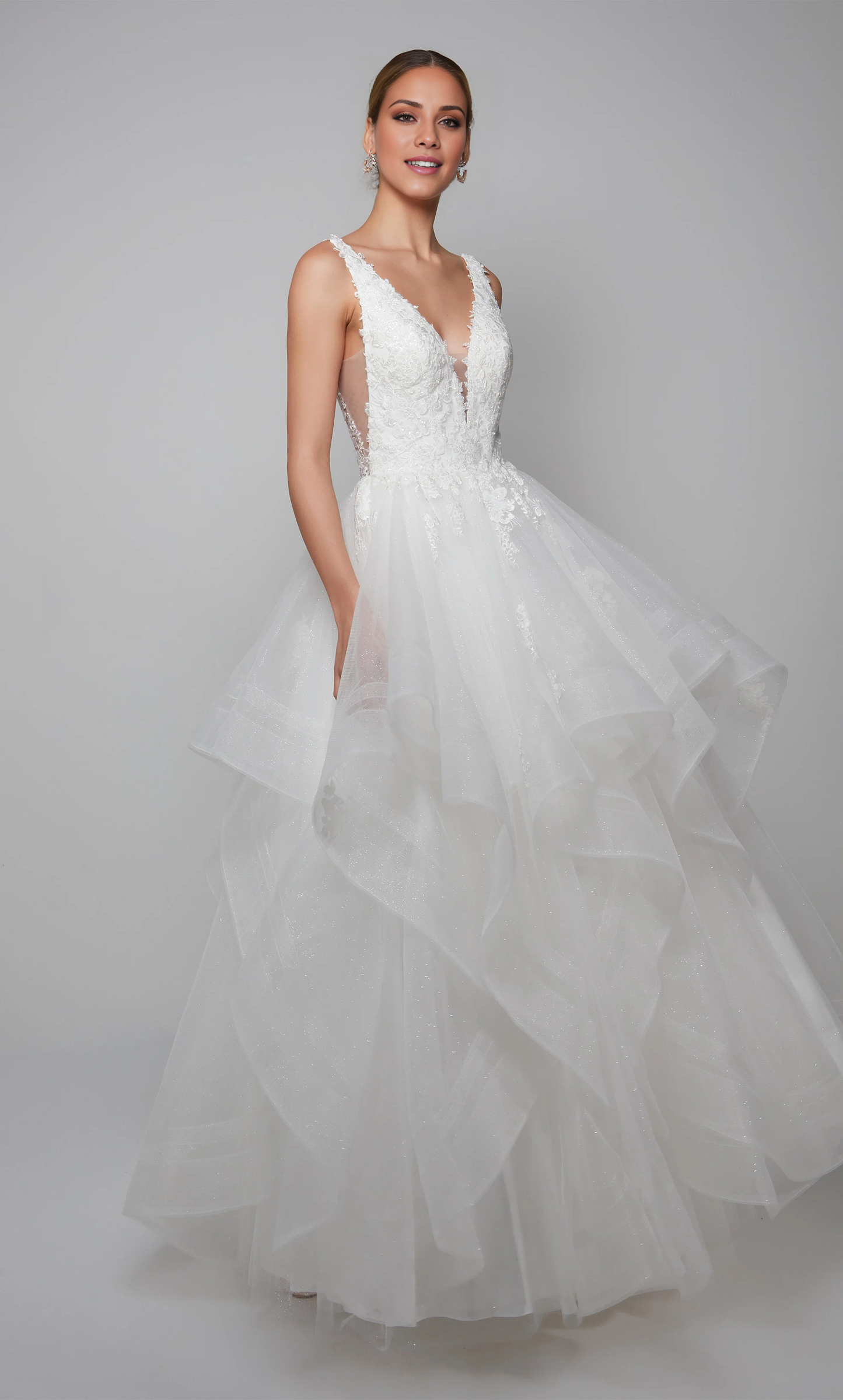 Chiffon lace deep V-neck floral decals and floor length wedding dresses