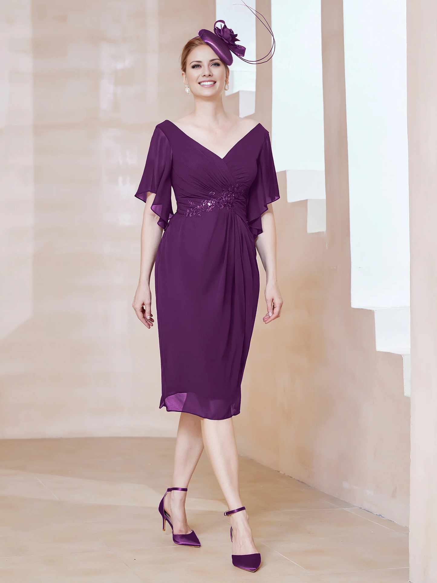 Floating sleeve V-neck sequin decal decoration for mother of the bride dress
