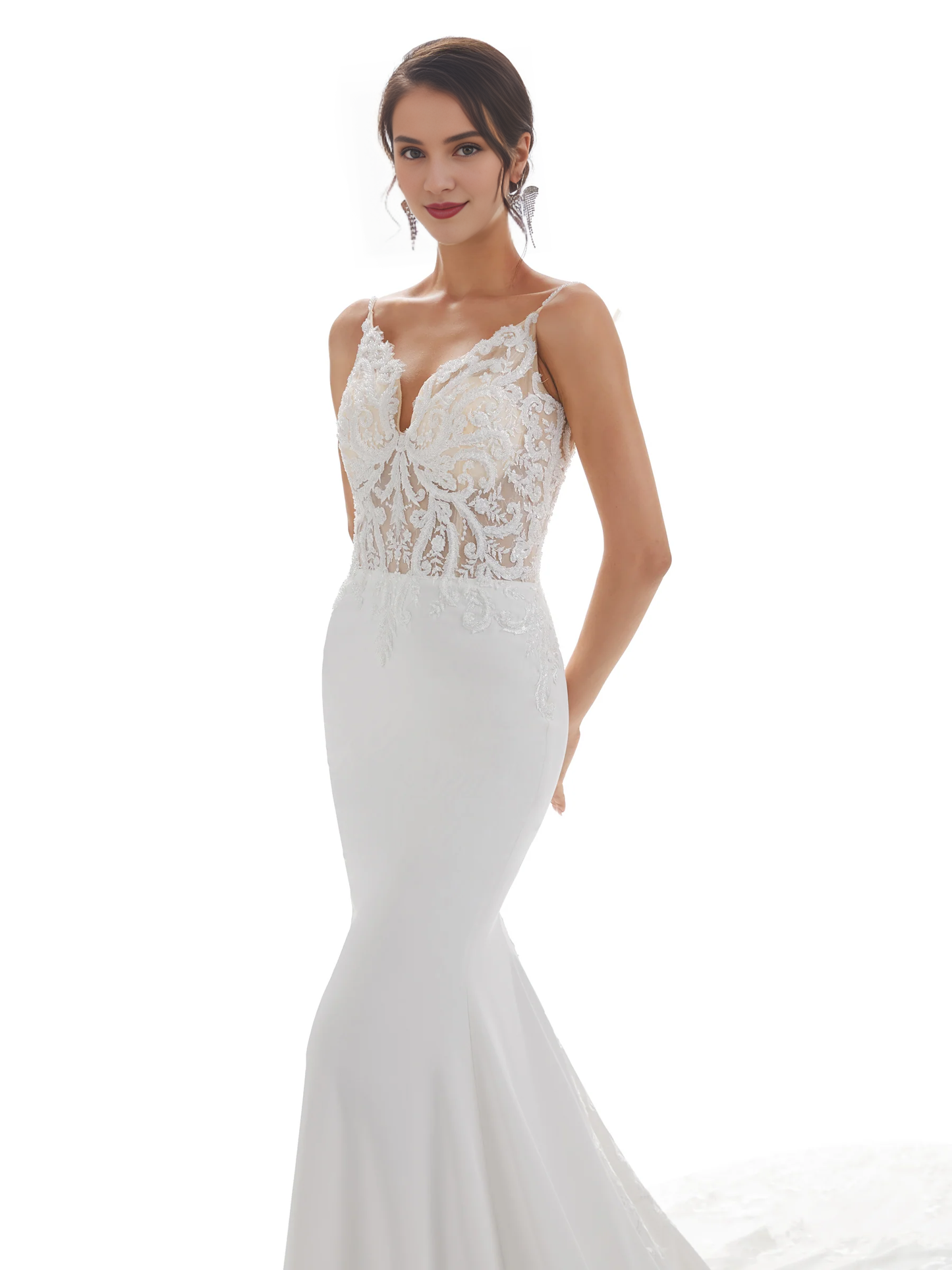 Thin shoulder strap fish tail ivory backless lace wedding dress