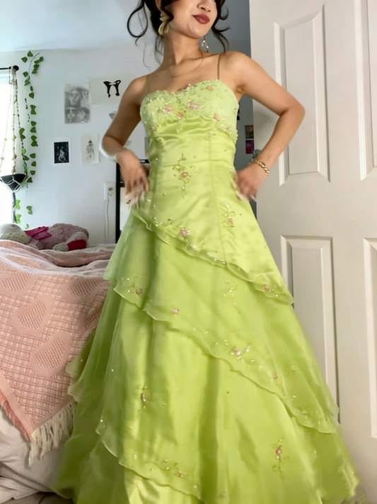 Green floral long tulle dress gh6856