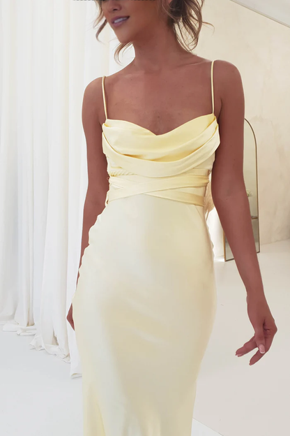 Thin shoulder straps pleated backless long Prom dress - Jimiss Dress
