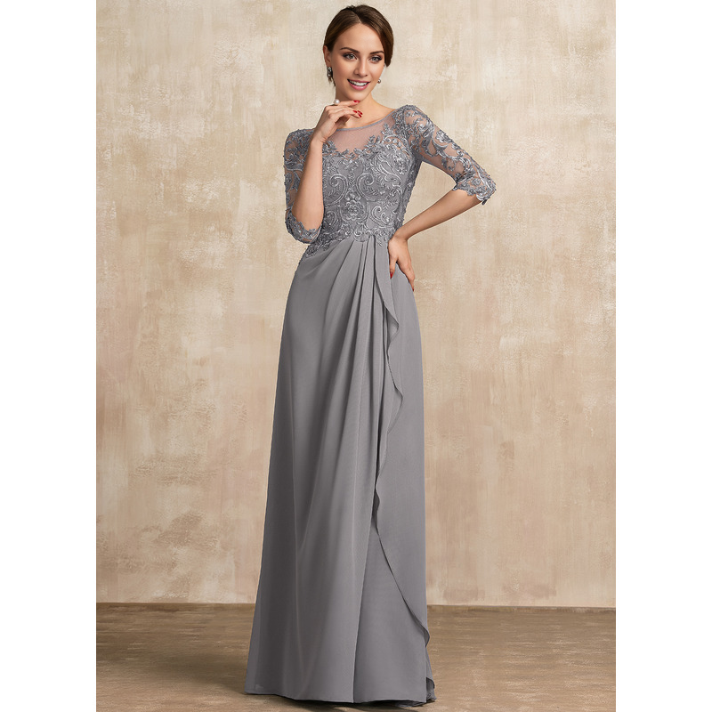 Jimiss A-shaped Scoop Illusion floor mopping chiffon lace ribbon bead sequins layered ruffles mother of the bride dress