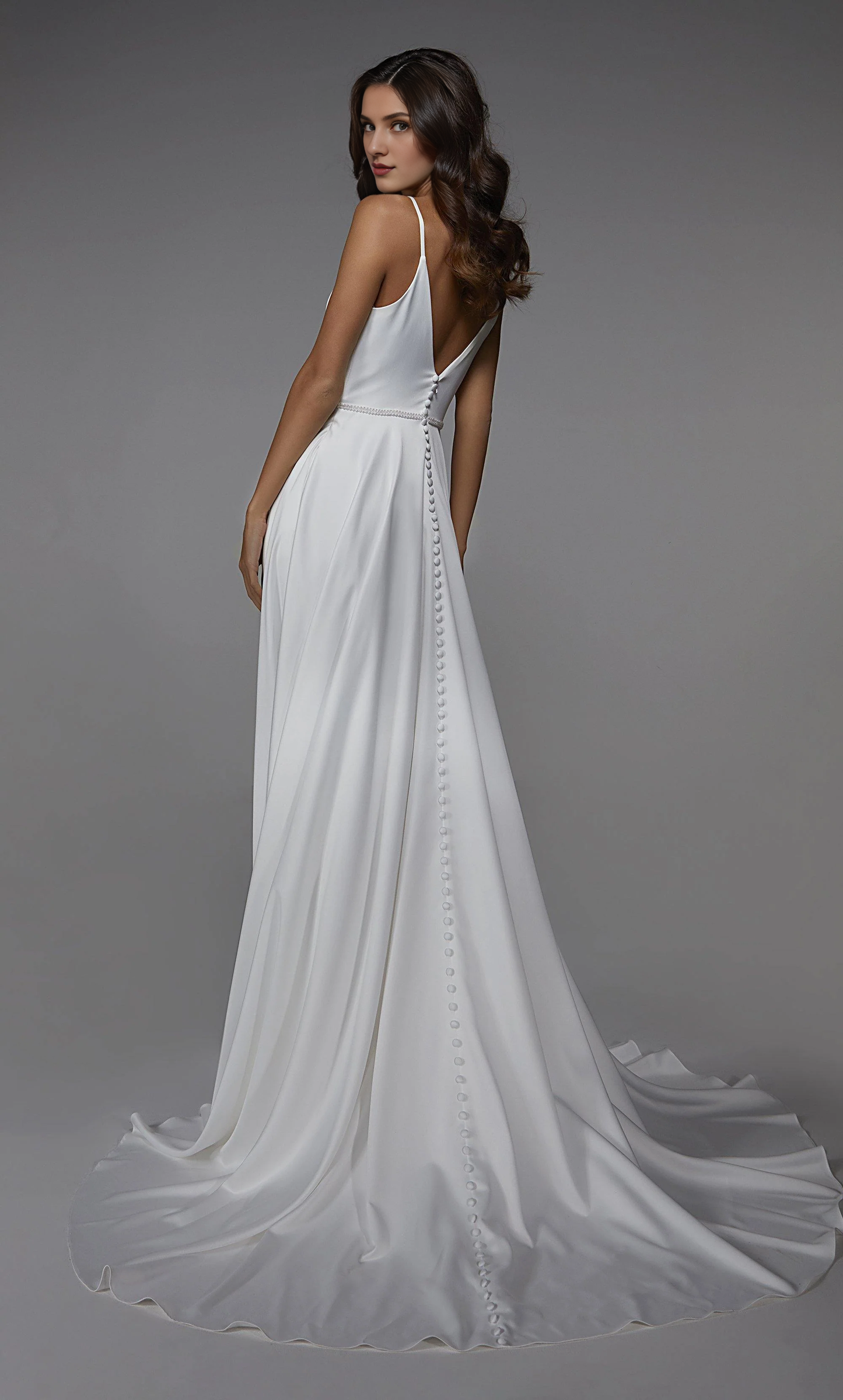 Perfect satin deep V-neck V-shaped back satin button wedding dresses