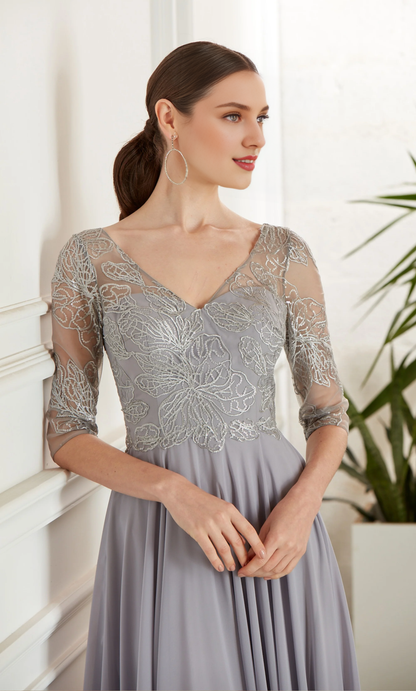 Chiffon lace illusion collar flowing formal long style mothers of the bride dresses