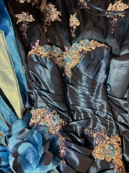 Luxury Court Style Deep Sea Blue Gradient Satin Embroidered Train Gown - Theme Ball & Dinner Dress gh6543