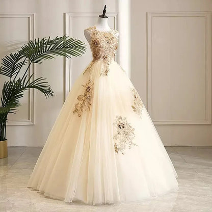 Girlhomeshops-Champagne shimmering gold gorgeous floral bead decoration and formal ball dress with lace up, stunning wedding dress gh5311