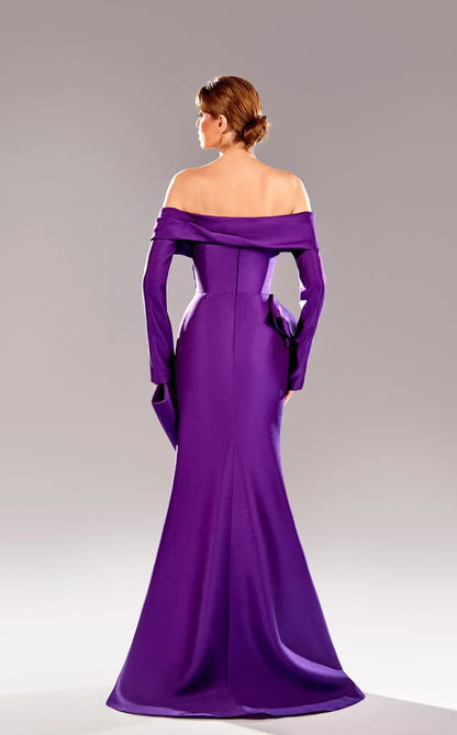 Off shoulder collar long sleeved satin mermaid side slit and floor length Prom dress