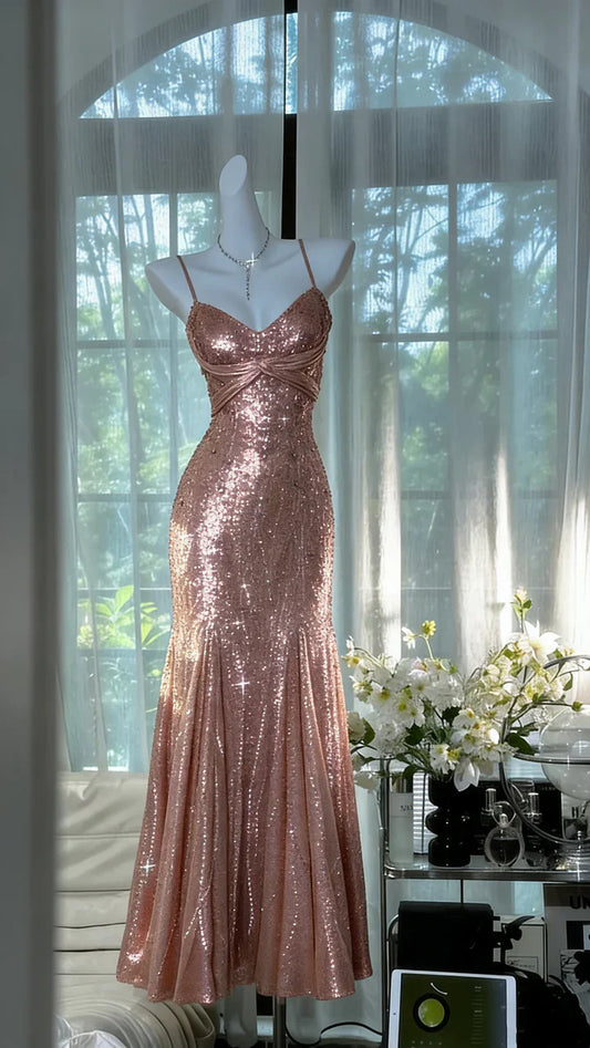 Rose Gold Sequin Spaghetti Strap Mermaid Evening Gown Slim Long Formal Dress gh7100