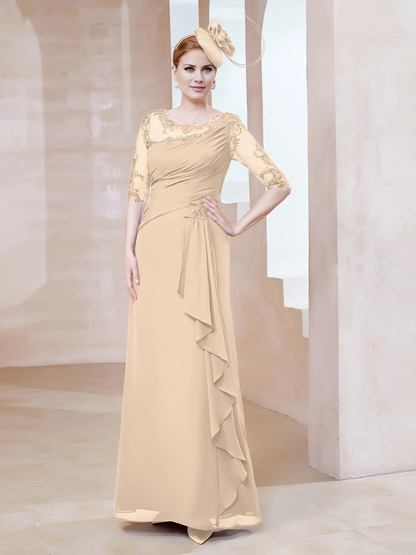Low round lace neckline with ruffled edges, tight fitting mother of the bride dress