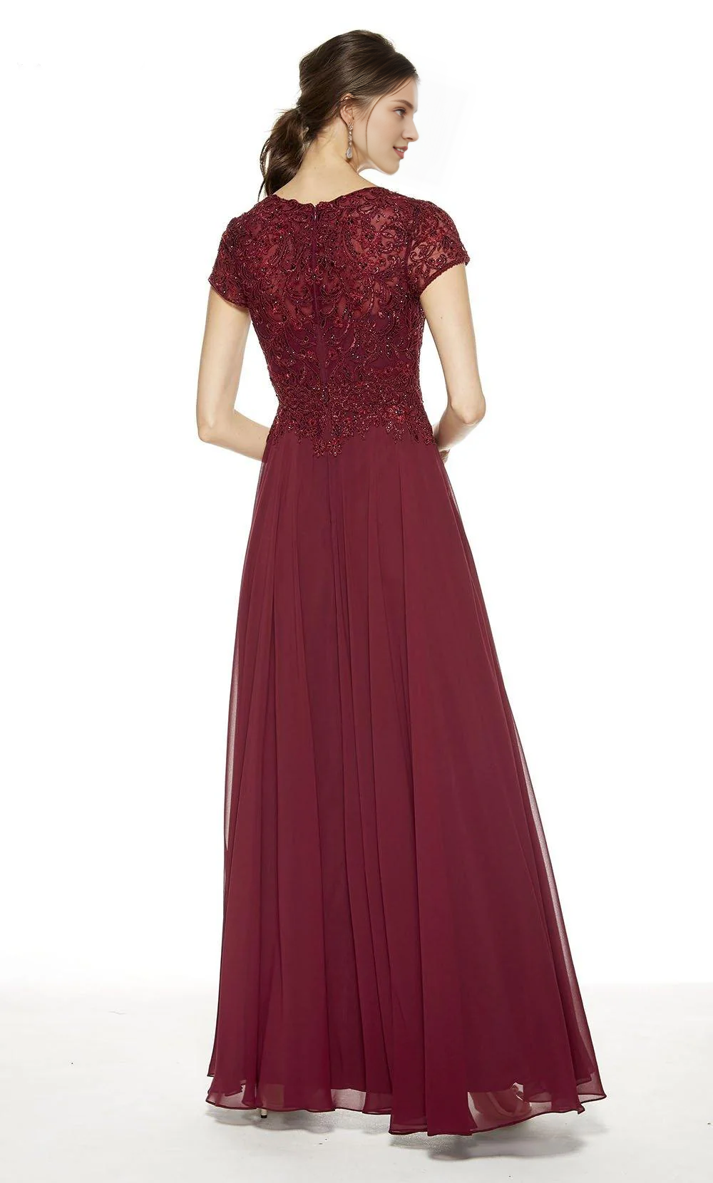 V-neck chiffon flowing lace top short sleeved formal long cut mothers of the bride dresses