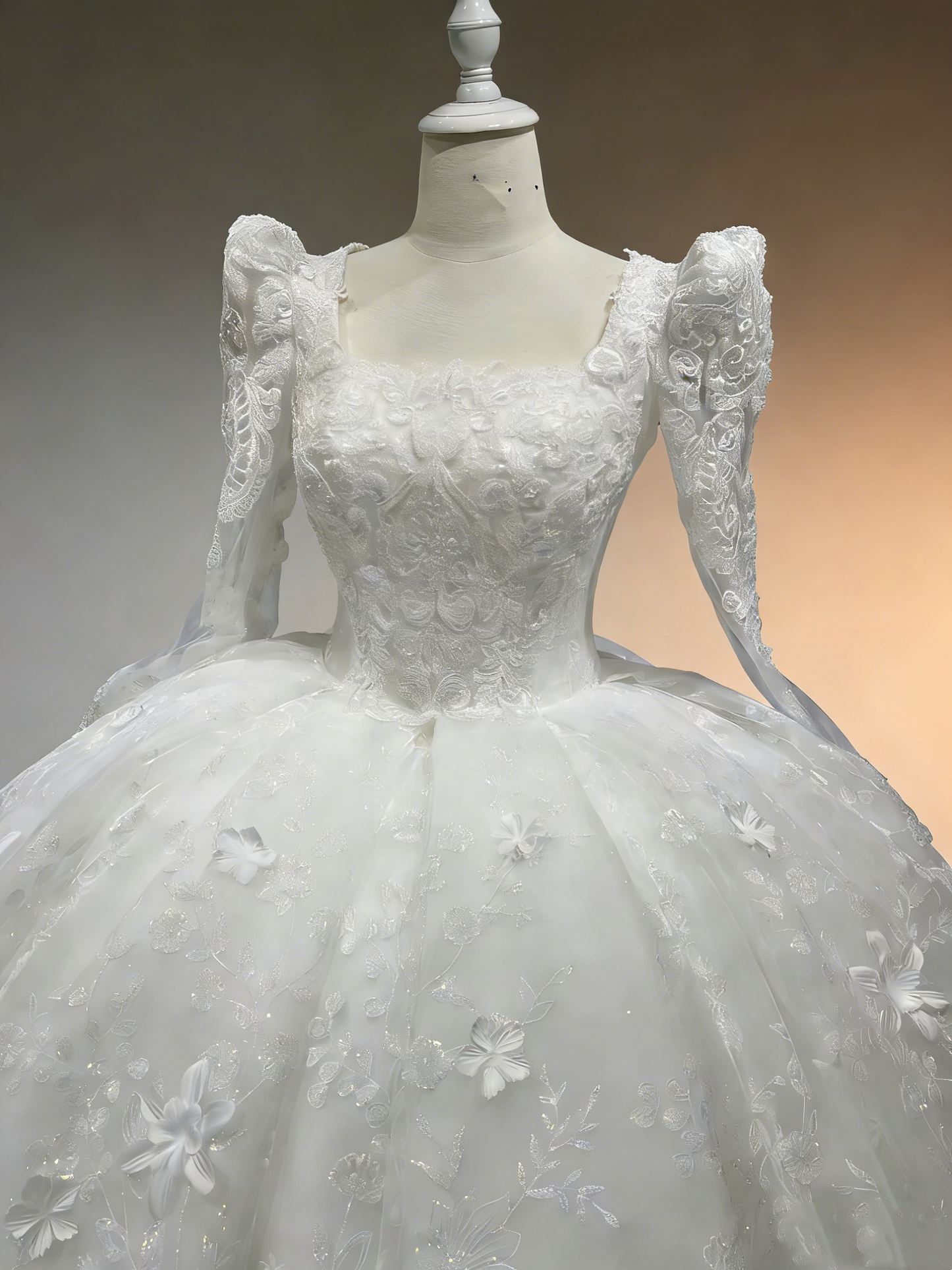 White Royal Style Puff Sleeve Ball Gown - Heavy Lace Embroidery Church Wedding Dress gh6968