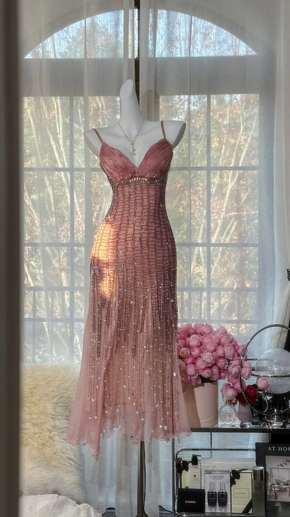 Pink Romantic Fairy Exquisite Bead Decoration Medium/Short Chiffon Date Dress Party Dress gh6912