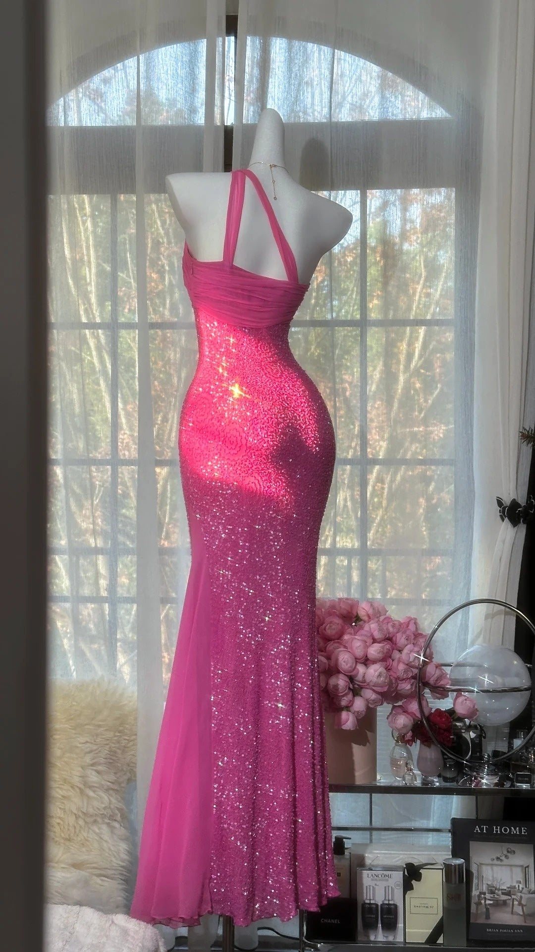 Pink Romantic Fairy Exquisite Bead Decoration Long Chiffon Date Dress Party Dress gh6911