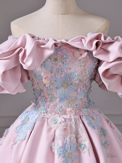 A-Line Off Shoulder Satin Lace Pink Long Prom Dress, Pink Long Evening Dress