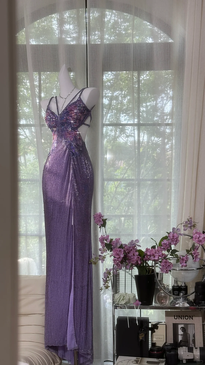 Vintage Gorgeous Purple V-neck Sparkling Romantic Luxury Spaghetti Strap Evening Dress Prom Dresses HZ1024