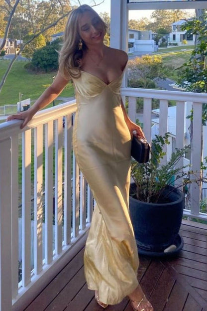 Elegant Off-Shoulder V-Neck Satin Pleats Long Party Prom Dress