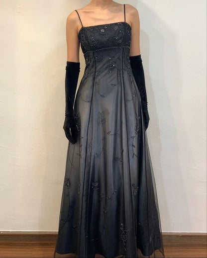 Blue/Grey Delicate Beaded Long Tulle Elegant Ball Gown Evening Dress Formal Birthday Party Dress Prom Dress gh3152