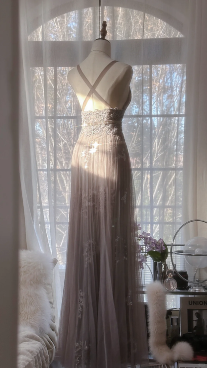 Vintage Light Purple Applique Design Romantic Chiffon Evening Dress Prom Dress HZ1024
