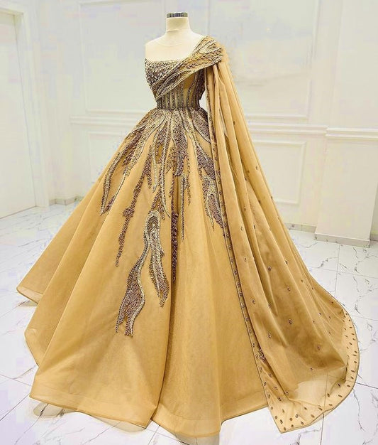 Golden Yellow Gorgeous Exquisite Beaded Long Tulle Ball Gown Evening Dress gh3194