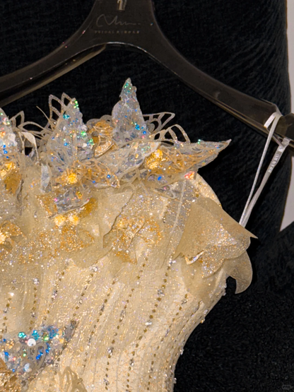 Gorgeous Shiny Yellow Sequin Beaded 3D Butterflies A-Line Floor-length Evening Dress Prom Dresses HZ1024
