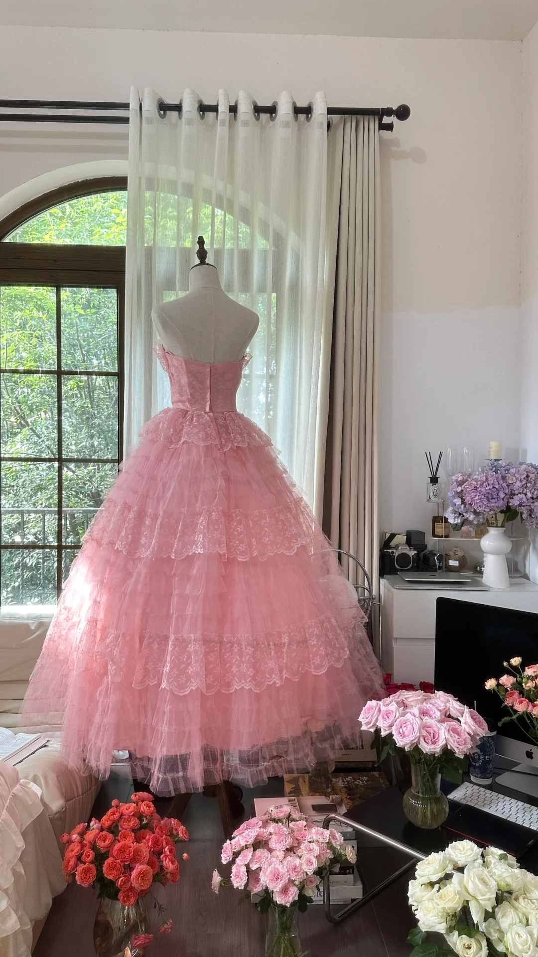 Vintage Pink Strapless Sweetheart Design Romantic Chiffon Tiered Evening Dress Prom Dress HZ1024