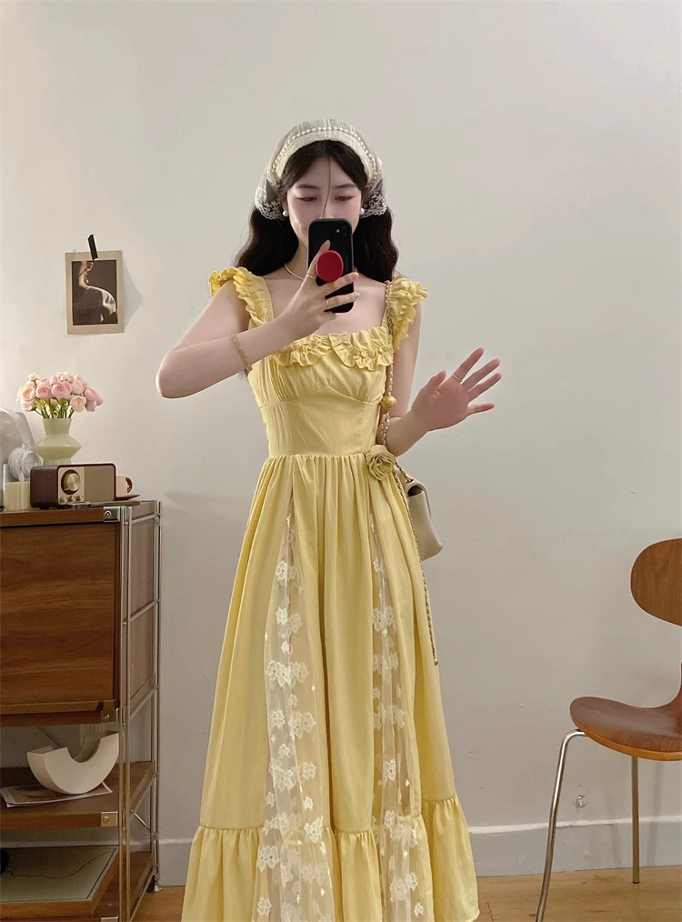 New Simple Fashion Yellow Floral Design A-Line Long Dress HZ1024