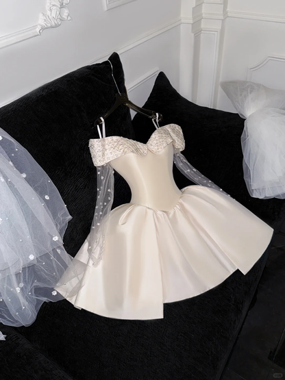 Elegant Ivory Off-the-shoulder Simple Design A-Line Satin Short Homecoming Dress Party Dress HZ1024